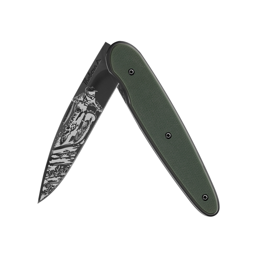 Couteau acier finition titane noir plaquette pleine résine g10 kaki motif «motocross»