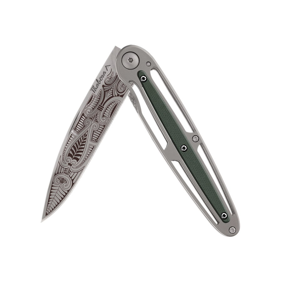 Couteau acier finition titane gris plaquette centrale résine g10 kaki motif «cachemire»