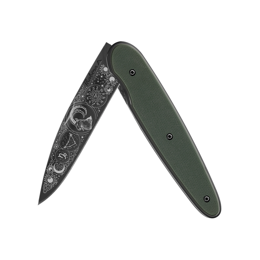 Couteau acier finition titane noir plaquette pleine résine g10 kaki motif «zodiaque capricorne»