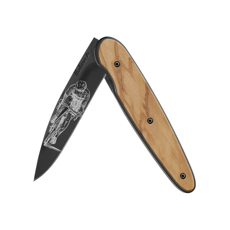 Couteau acier finition titane noir plaquette pleine bois clair motif «cycliste»