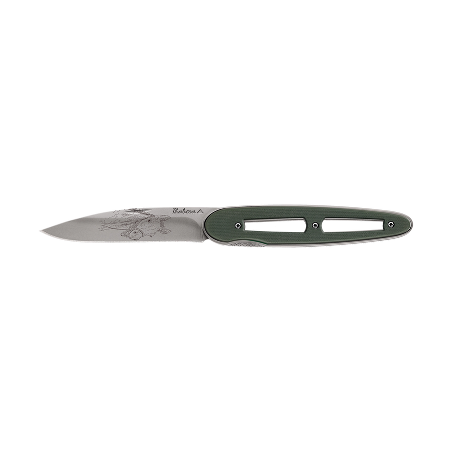 Couteau acier finition titane gris plaquette ajourée résine g10 kaki motif «poulain»