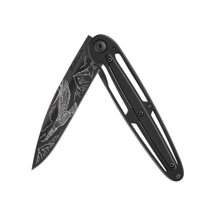 Couteau acier finition titane noir plaquette centrale résine g10 noir motif «aigle»