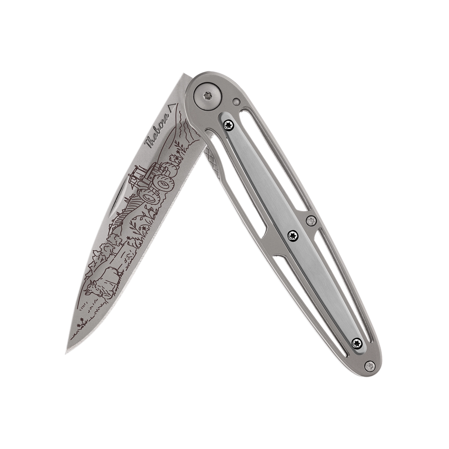 Couteau acier finition titane gris plaquette centrale acier brossé motif «campagne»