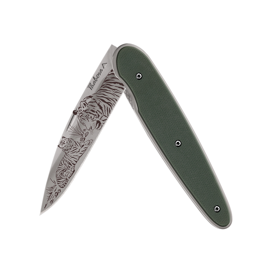 Couteau acier finition titane gris plaquette pleine résine g10 kaki motif «tigres»