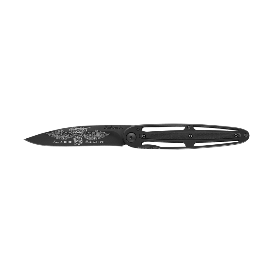 Couteau acier finition titane noir plaquette centrale résine g10 noir motif «biker ailes»