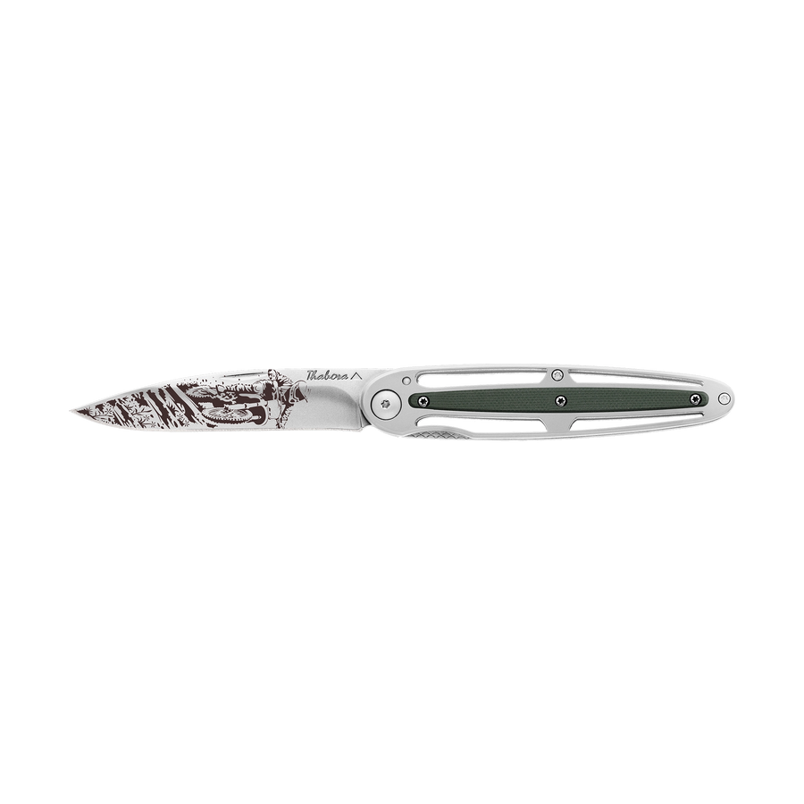 Couteau acier finition brillante plaquette centrale résine g10 kaki motif «motocross»