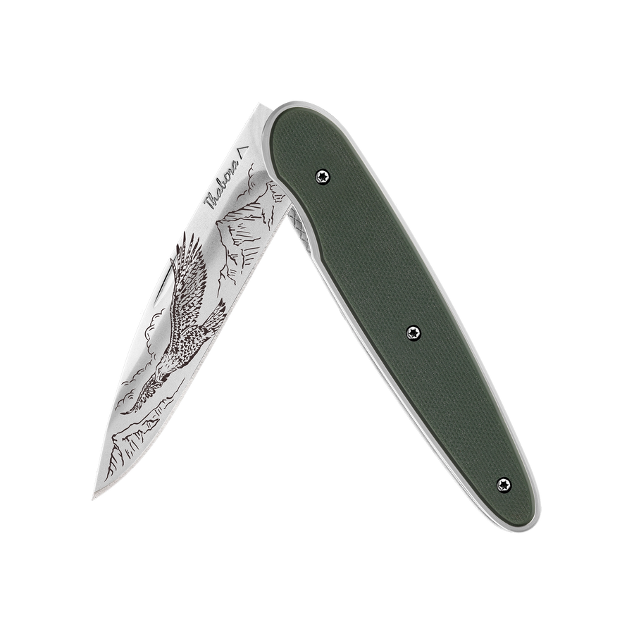 Couteau acier finition brillante plaquette pleine résine g10 kaki motif «aigle»