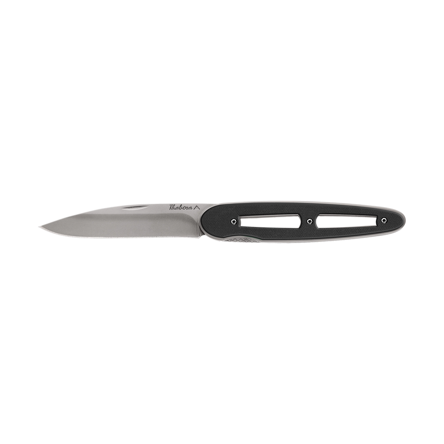 Couteau acier finition titane gris plaquette ajourée résine g10 noir