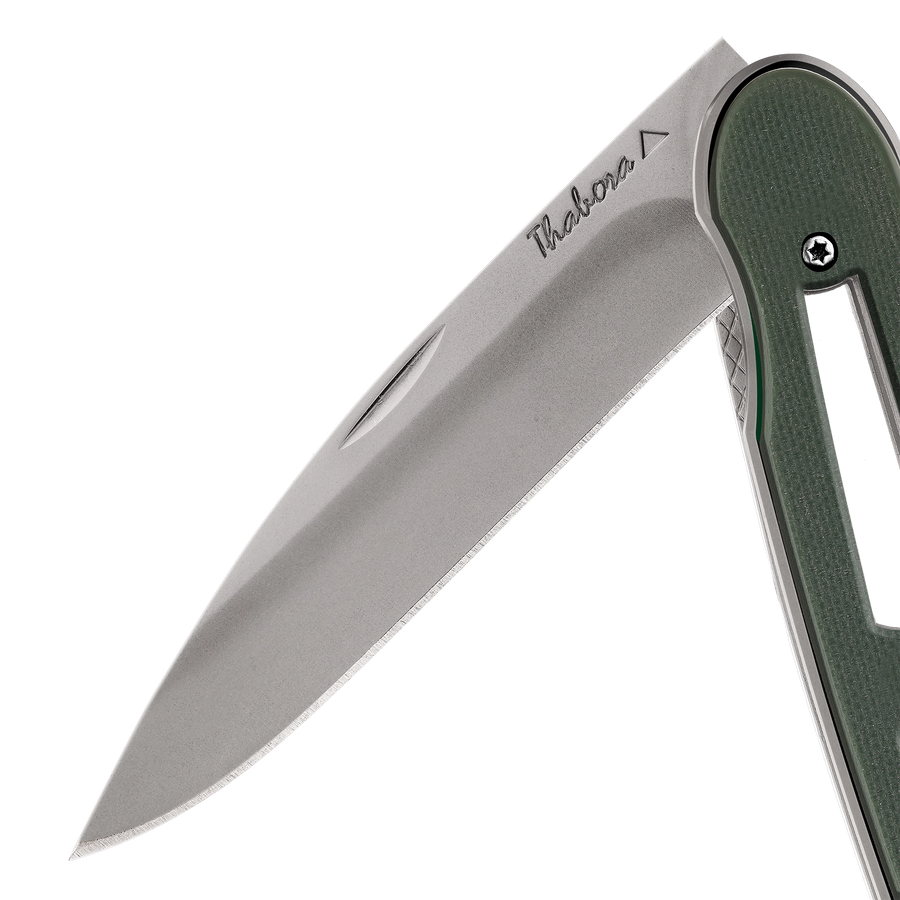 Couteau acier finition titane gris plaquette ajourée résine g10 kaki