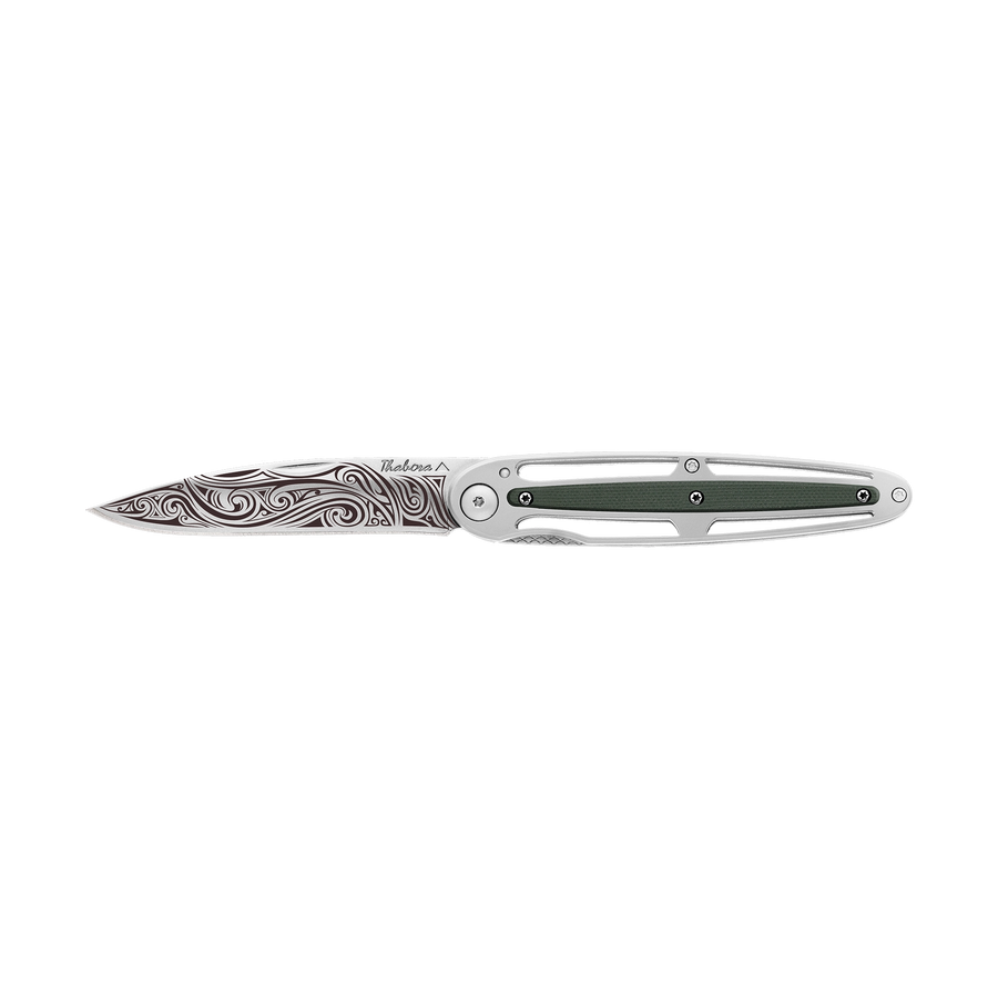 Couteau acier finition brillante plaquette centrale résine g10 kaki motif «volutes»