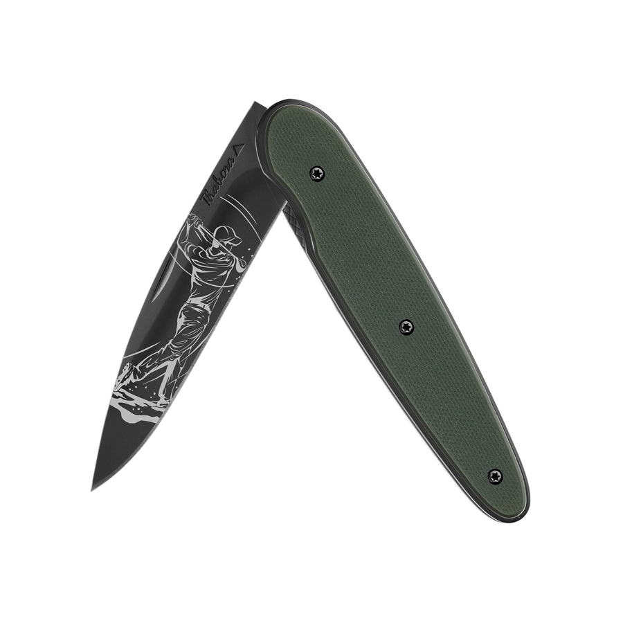 Couteau acier finition titane noir plaquette pleine résine g10 kaki motif «golfeur»
