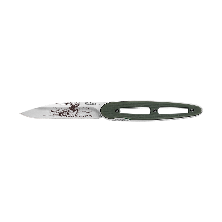 Couteau acier finition brillante plaquette ajourée résine g10 kaki motif «skieur»
