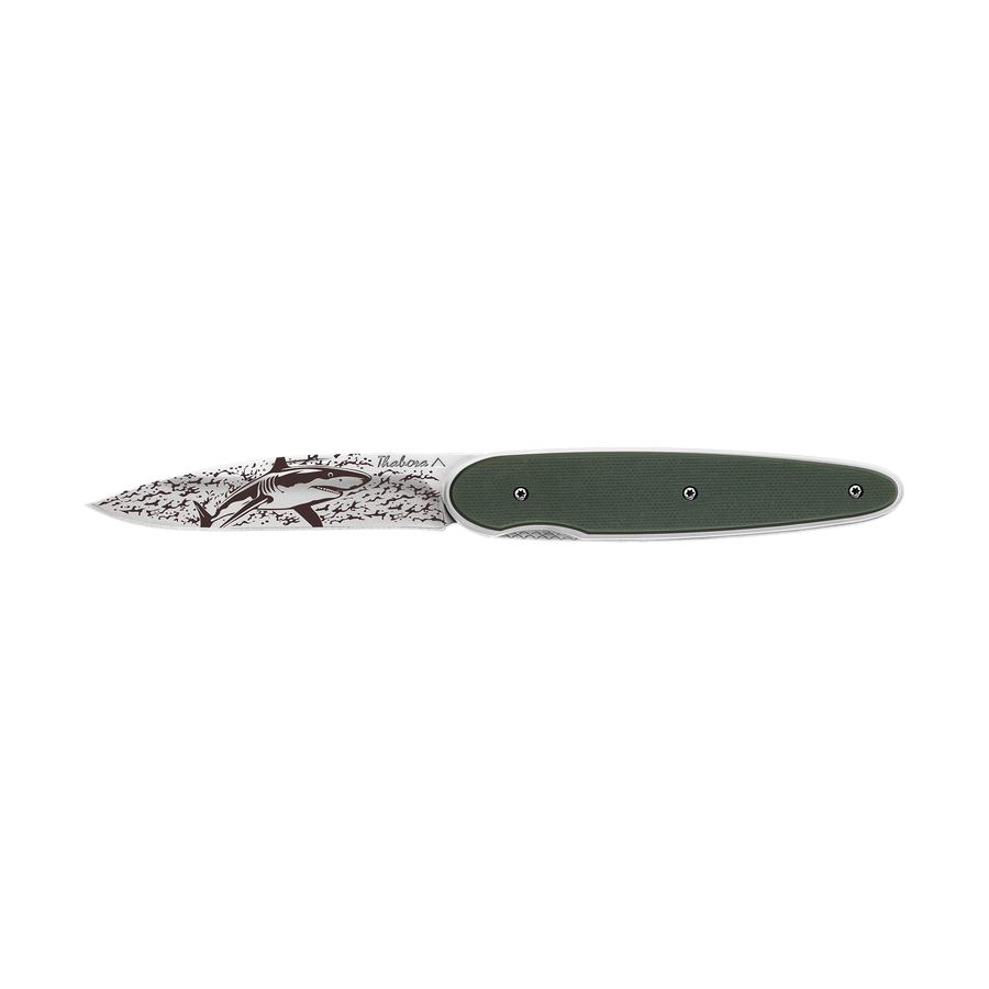 Couteau acier finition brillante plaquette pleine résine g10 kaki motif «requin»