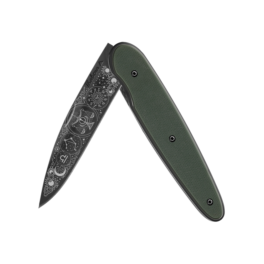 Couteau acier finition titane noir plaquette pleine résine g10 kaki motif «zodiaque balance»