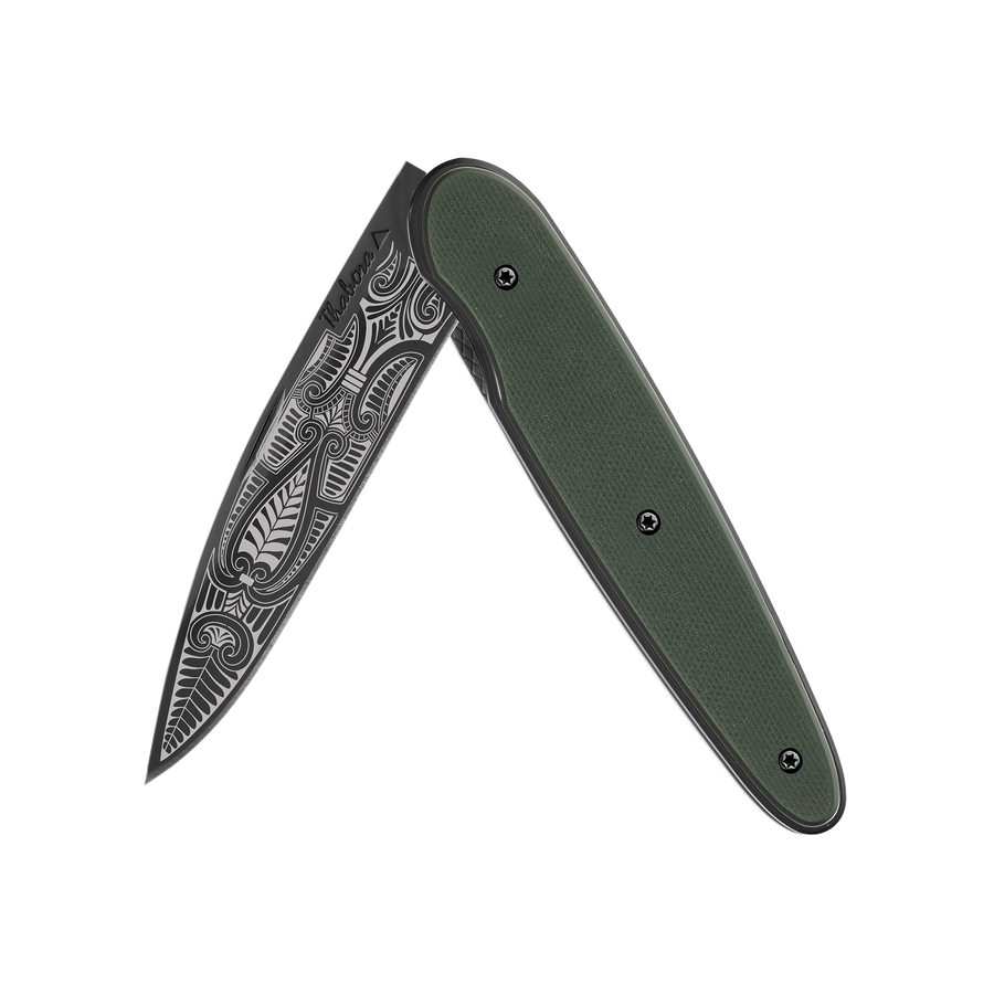 Couteau acier finition titane noir plaquette pleine résine g10 kaki motif «cachemire»