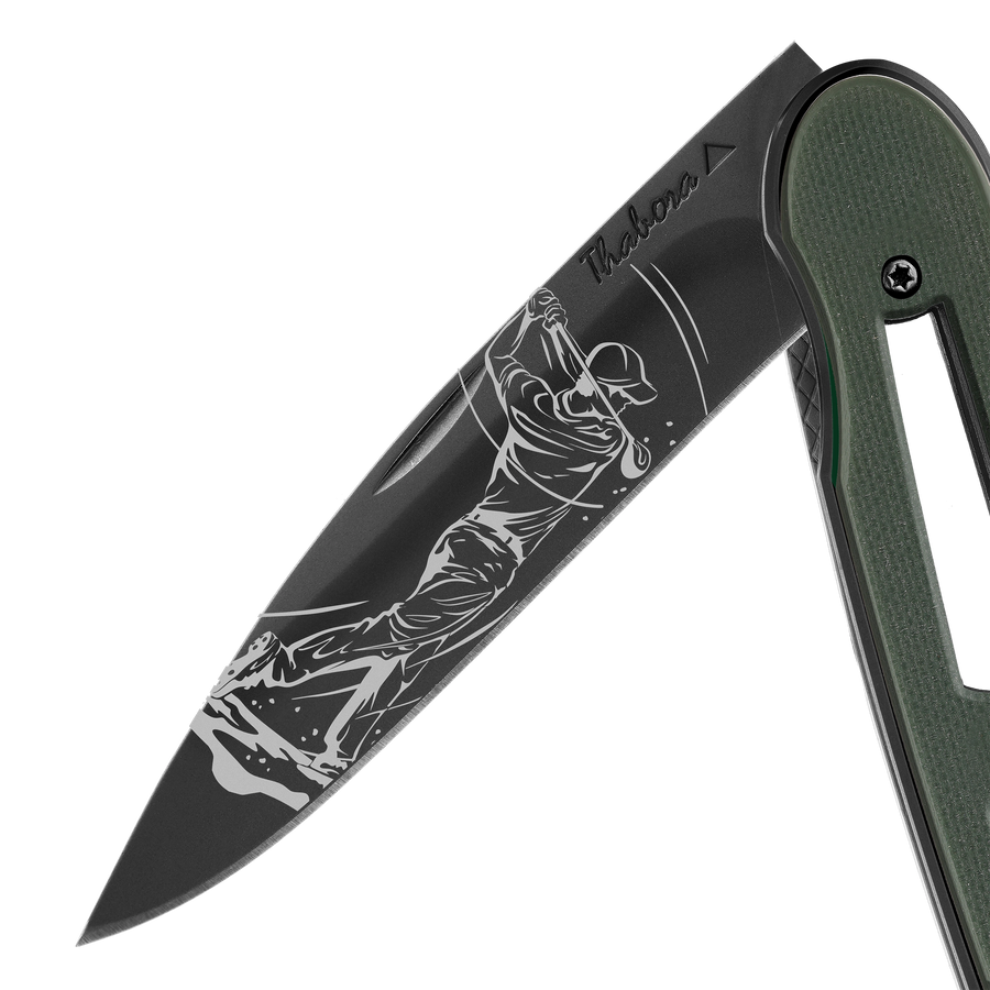 Couteau acier finition titane noir plaquette ajourée résine g10 kaki motif «golfeur»