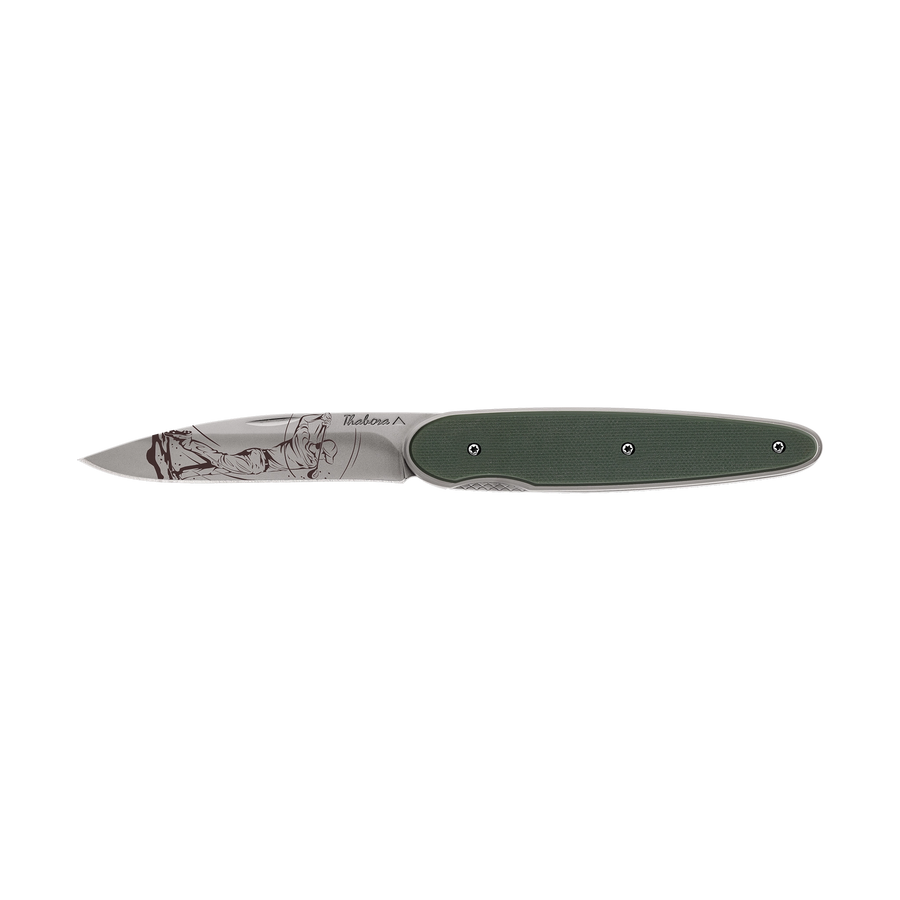 Couteau acier finition titane gris plaquette pleine résine g10 kaki motif «golfeur»