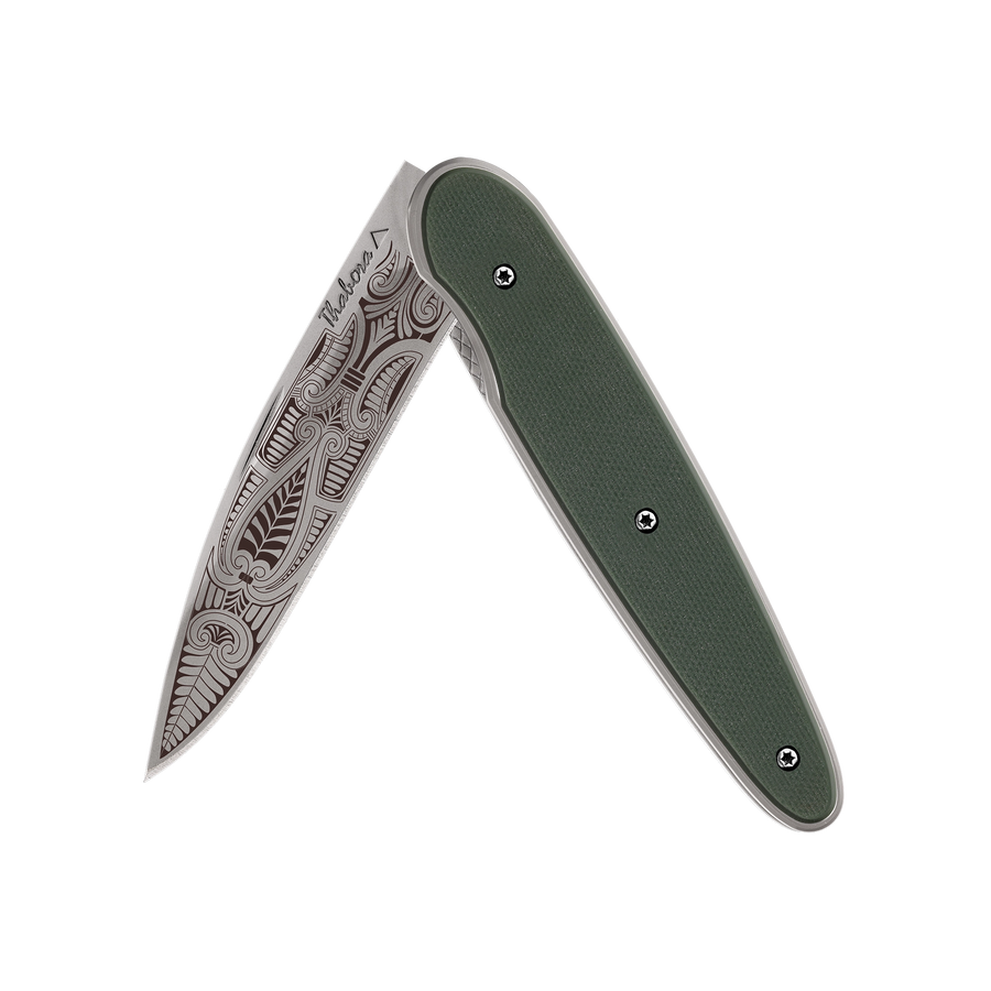Couteau acier finition titane gris plaquette pleine résine g10 kaki motif «cachemire»