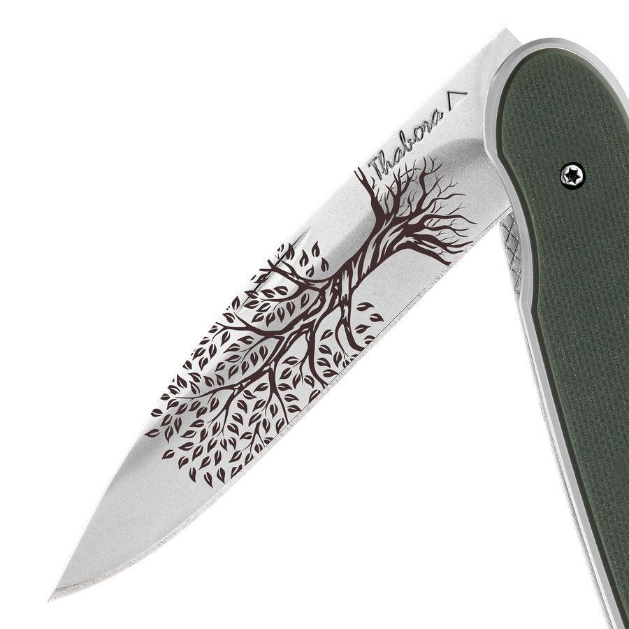 Couteau acier finition brillante plaquette pleine résine g10 kaki motif «arbre de vie»