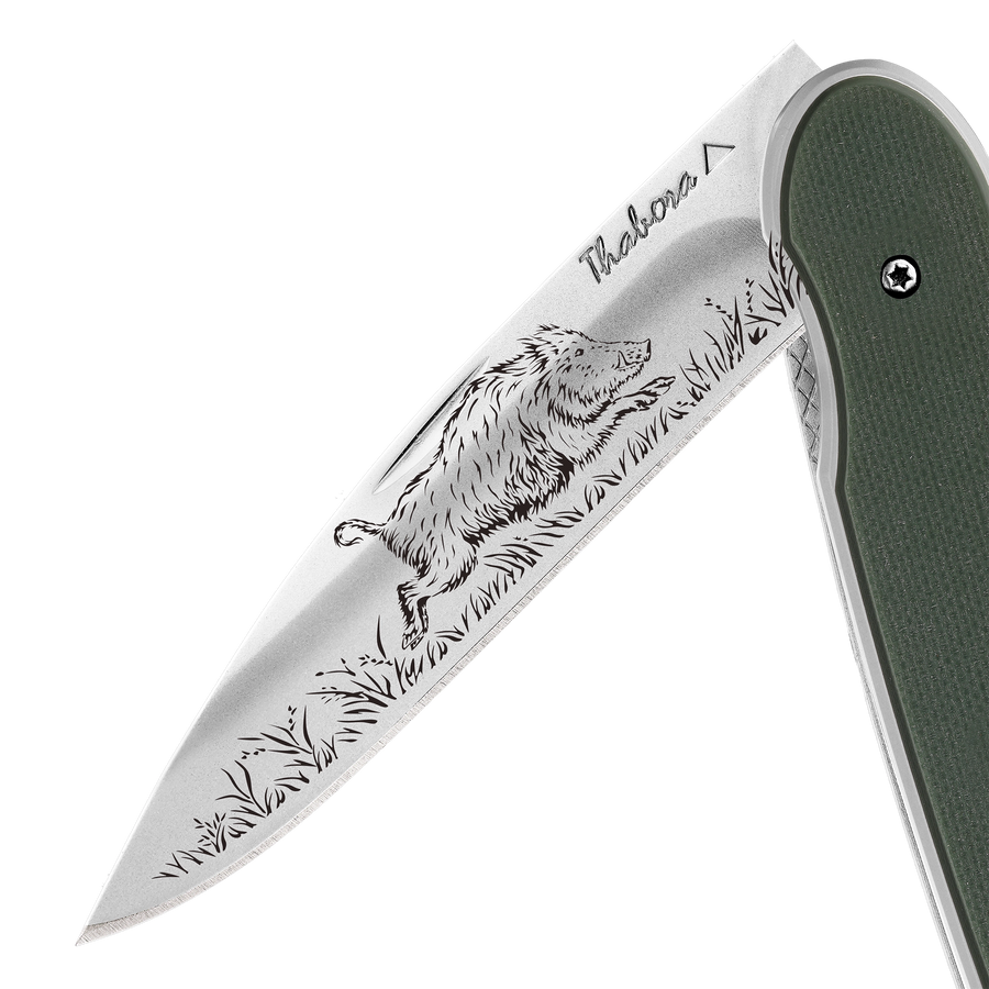 Couteau acier finition brillante plaquette pleine résine g10 kaki motif «sanglier»