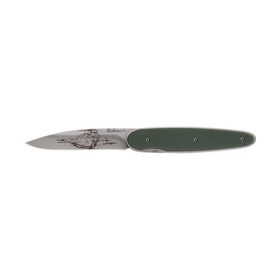 Couteau acier finition titane gris plaquette pleine résine g10 kaki motif «voiture rétro»