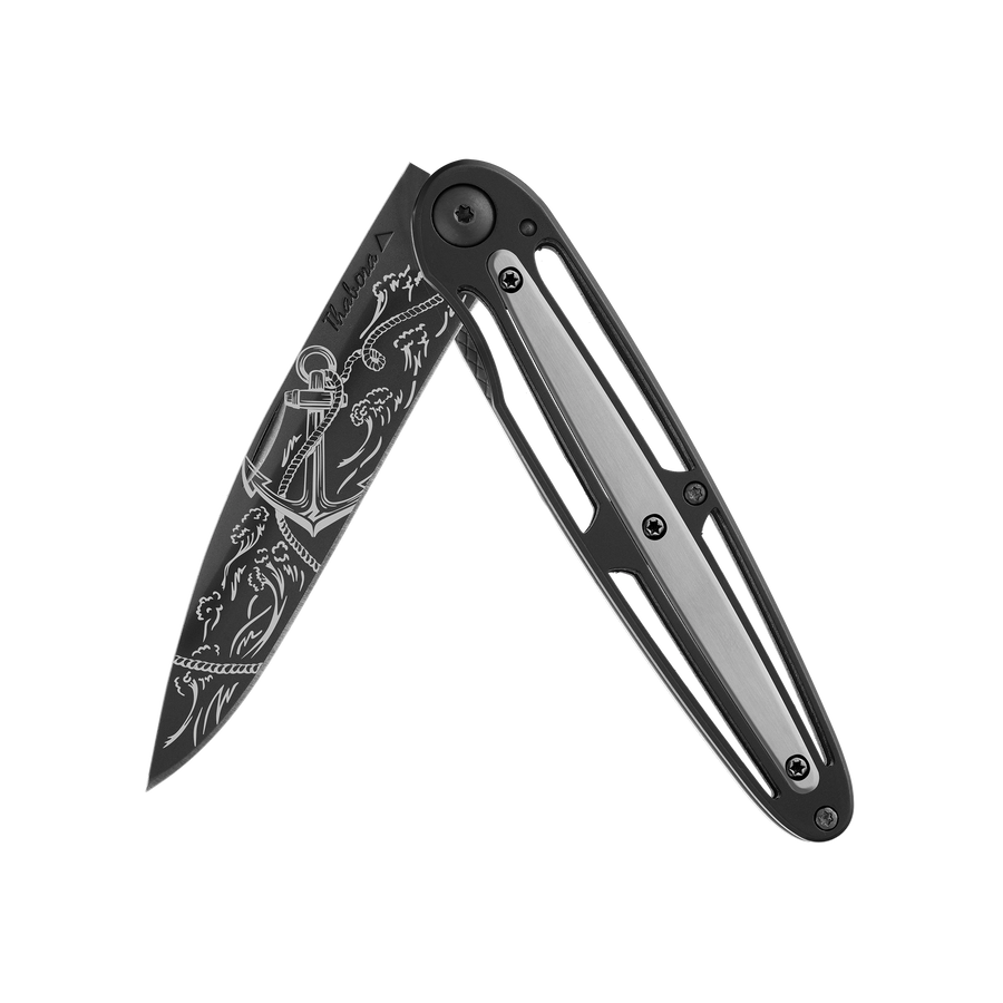 Couteau acier finition titane noir plaquette centrale acier brossé motif «ancre»