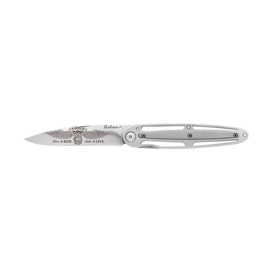 Couteau acier finition brillante plaquette centrale acier brossé motif «biker ailes»