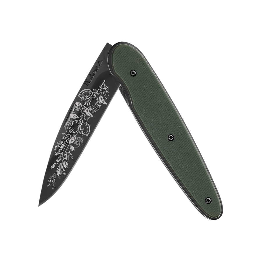 Couteau acier finition titane noir plaquette pleine résine g10 kaki motif «provencal»