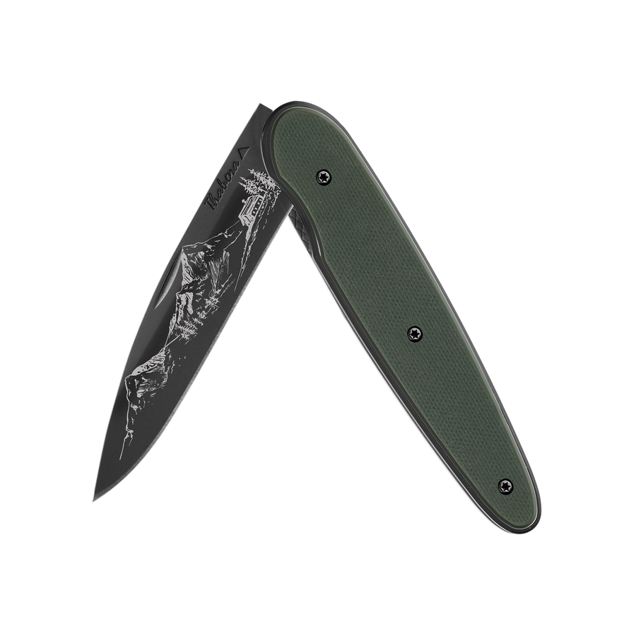 Couteau acier finition titane noir plaquette pleine résine g10 kaki motif «montagne»