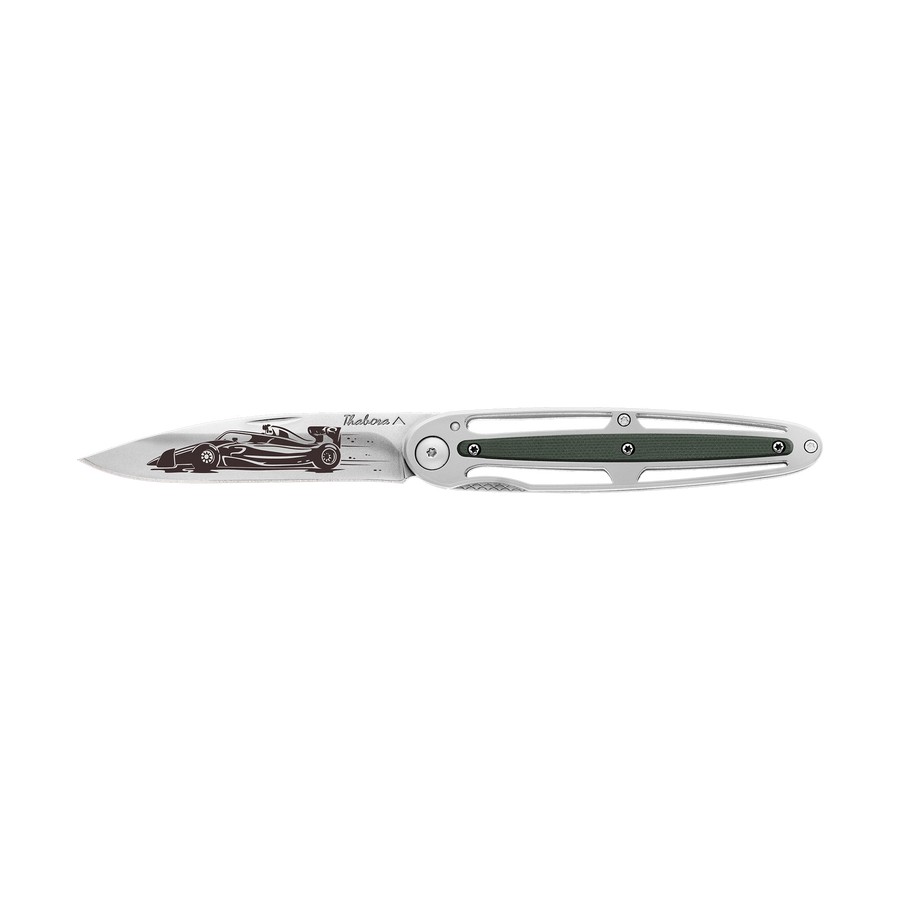 Couteau acier finition brillante plaquette centrale résine g10 kaki motif «formule 1»