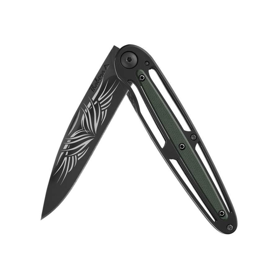 Couteau acier finition titane noir plaquette centrale résine g10 kaki motif «tribal»