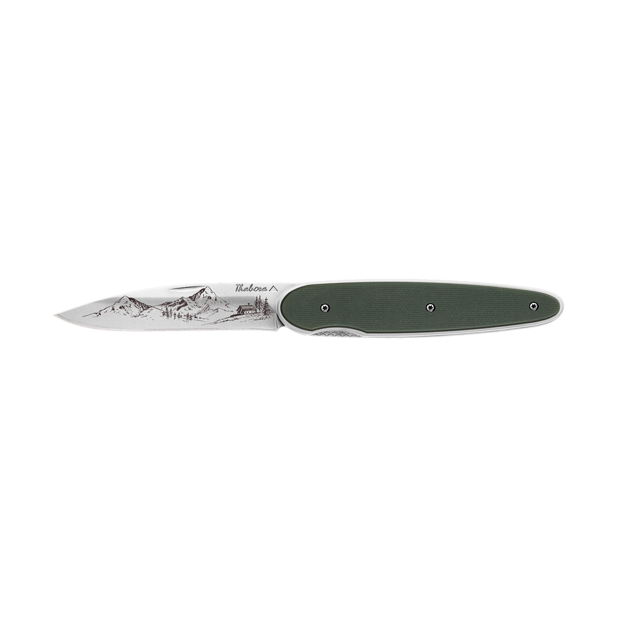 Couteau acier finition brillante plaquette pleine résine g10 kaki motif «montagne»