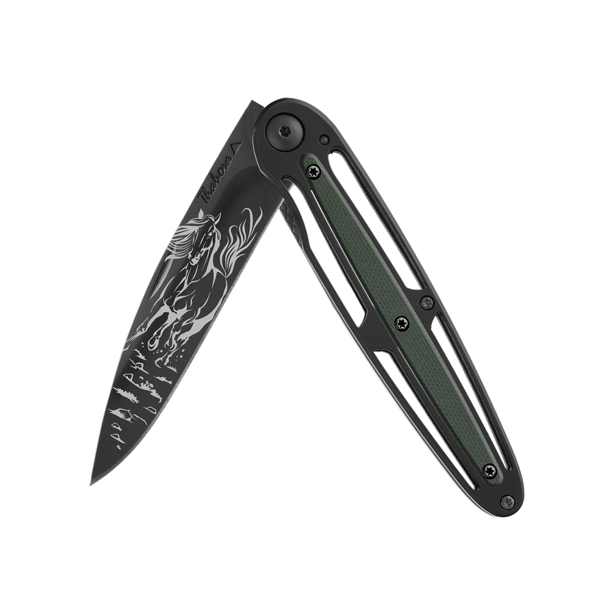 Couteau acier finition titane noir plaquette centrale résine g10 kaki motif «cheval»