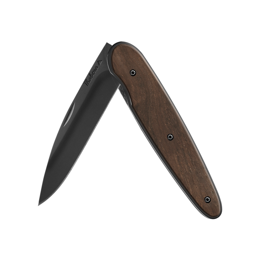 Couteau acier finition titane noir plaquette pleine bois foncé