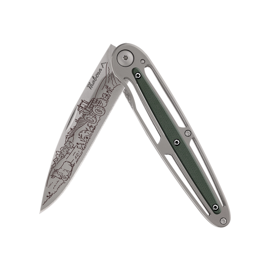 Couteau acier finition titane gris plaquette centrale résine g10 kaki motif «campagne»