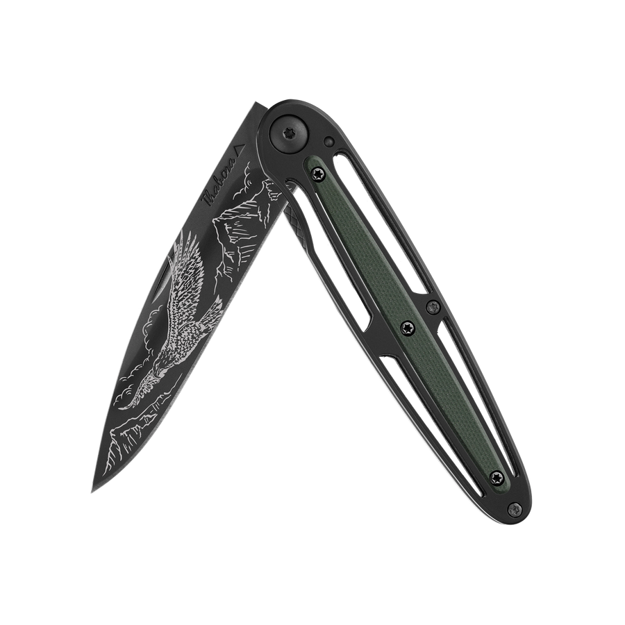 Couteau acier finition titane noir plaquette centrale résine g10 kaki motif «aigle»