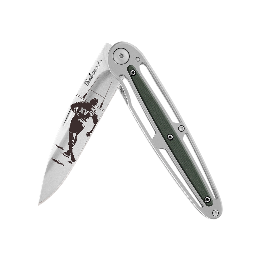 Couteau acier finition brillante plaquette centrale résine g10 kaki motif «rugby»