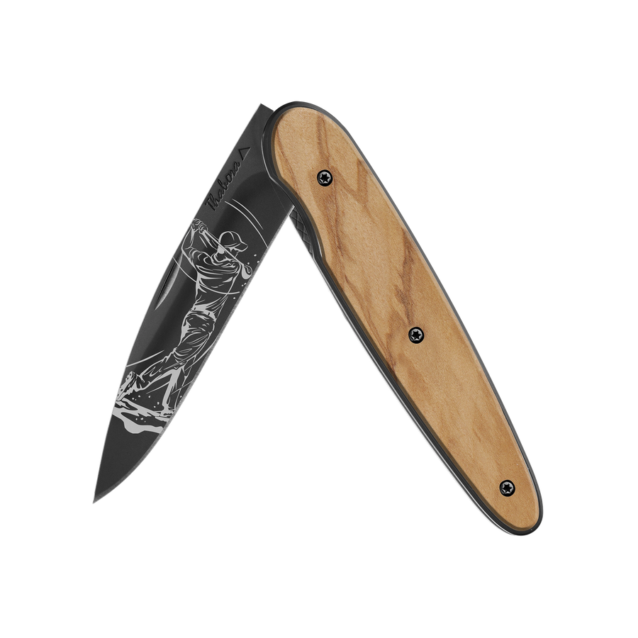Couteau acier finition titane noir plaquette pleine bois clair motif «golfeur»