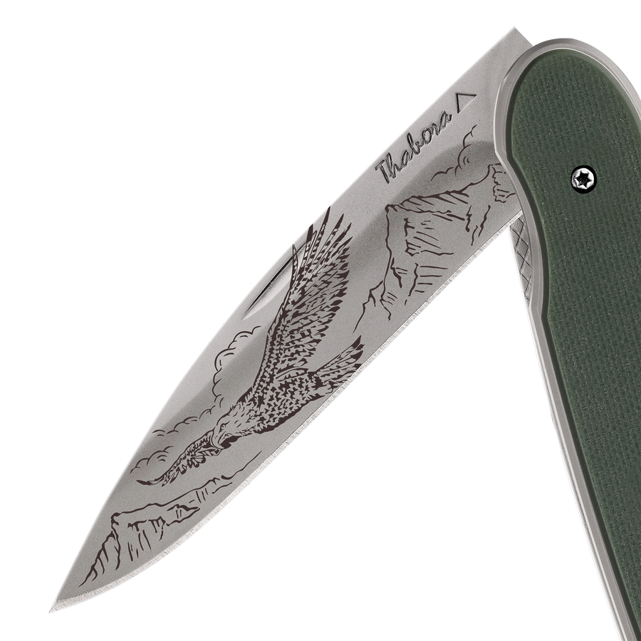 Couteau acier finition titane gris plaquette pleine résine g10 kaki motif «aigle»