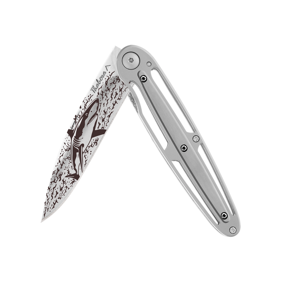 Couteau acier finition brillante plaquette centrale acier brossé motif «requin»