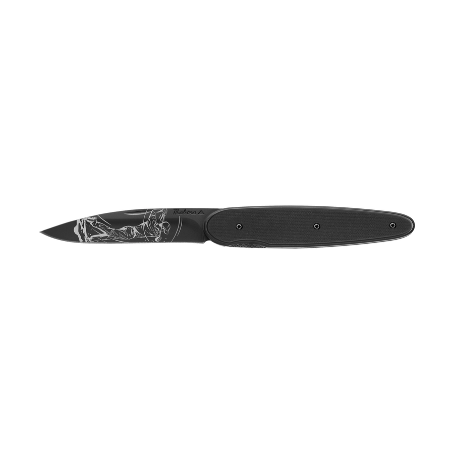 Couteau acier finition titane noir plaquette pleine résine g10 noir motif «golfeur»