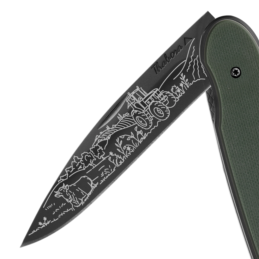 Couteau acier finition titane noir plaquette pleine résine g10 kaki motif «campagne»