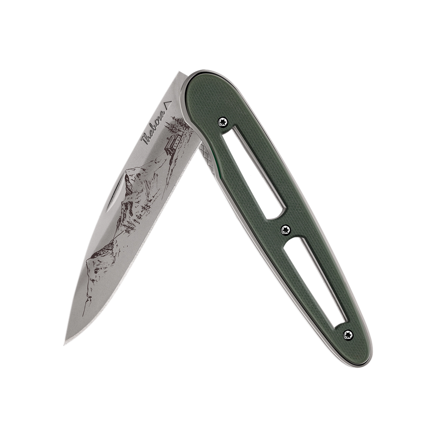 Couteau acier finition titane gris plaquette ajourée résine g10 kaki motif «montagne»