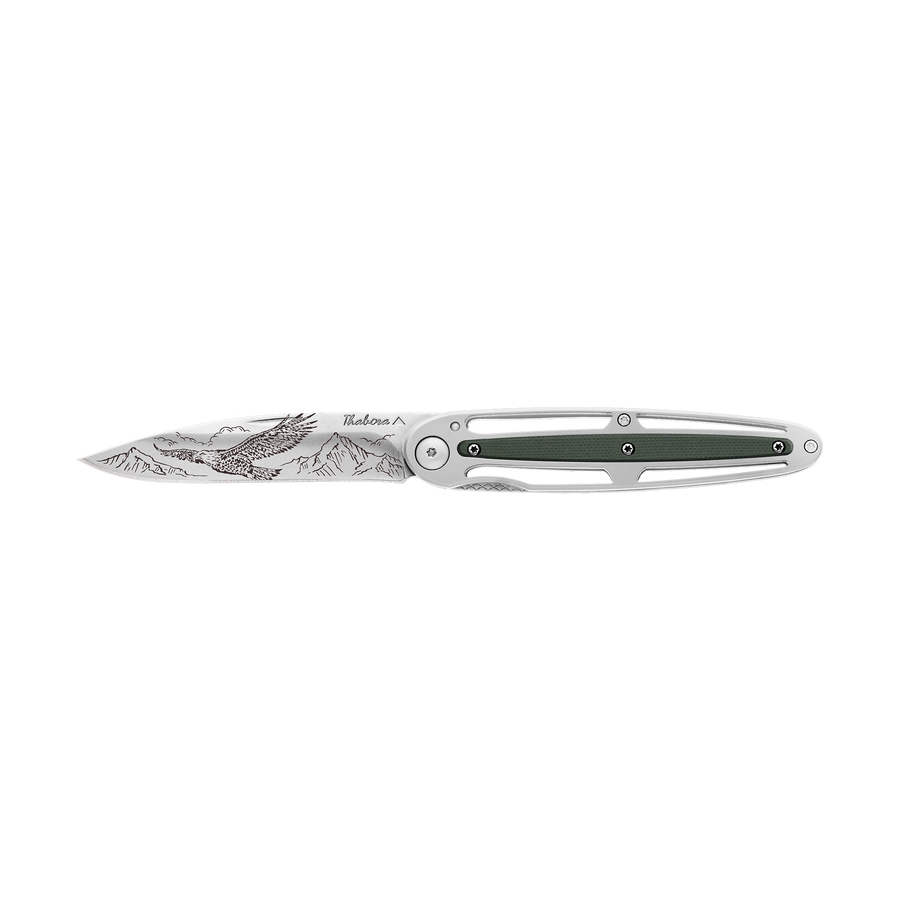 Couteau acier finition brillante plaquette centrale résine g10 kaki motif «aigle»