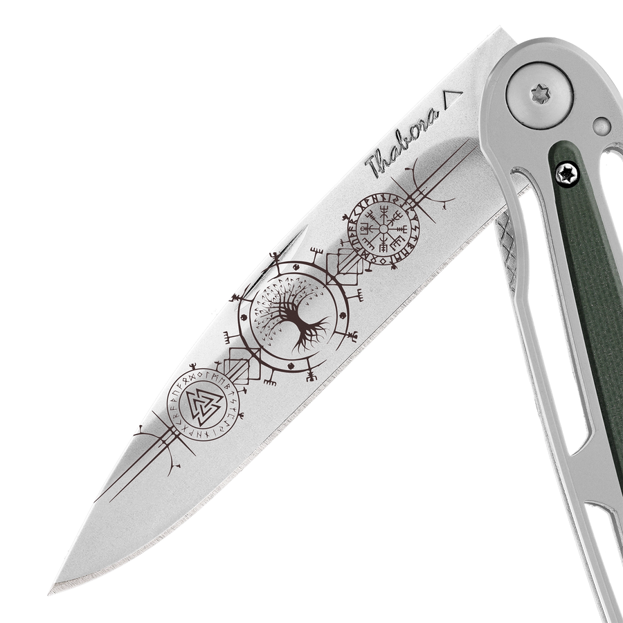 Couteau acier finition brillante plaquette centrale résine g10 kaki motif «runes viking»