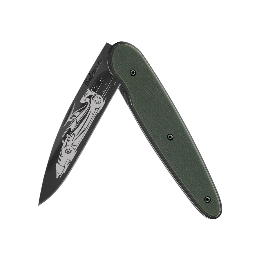 Couteau acier finition titane noir plaquette pleine résine g10 kaki motif «formule 1»