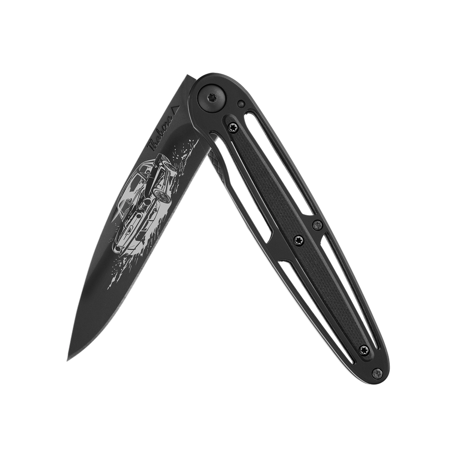 Couteau acier finition titane noir plaquette centrale résine g10 noir motif «voiture américaine»