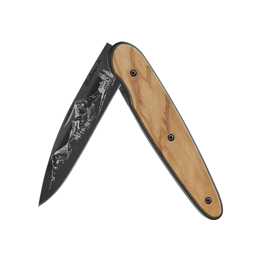Couteau acier finition titane noir plaquette pleine bois clair motif «montagne»
