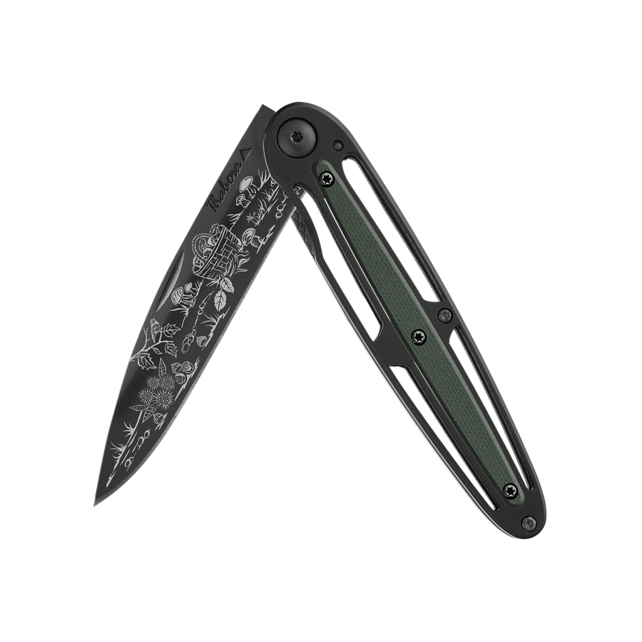 Couteau acier finition titane noir plaquette centrale résine g10 kaki motif «cueillette d'automne»