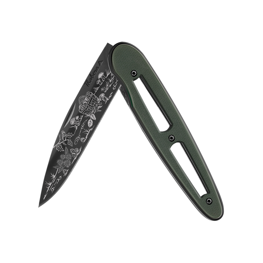 Couteau acier finition titane noir plaquette ajourée résine g10 kaki motif «cueillette d'automne»